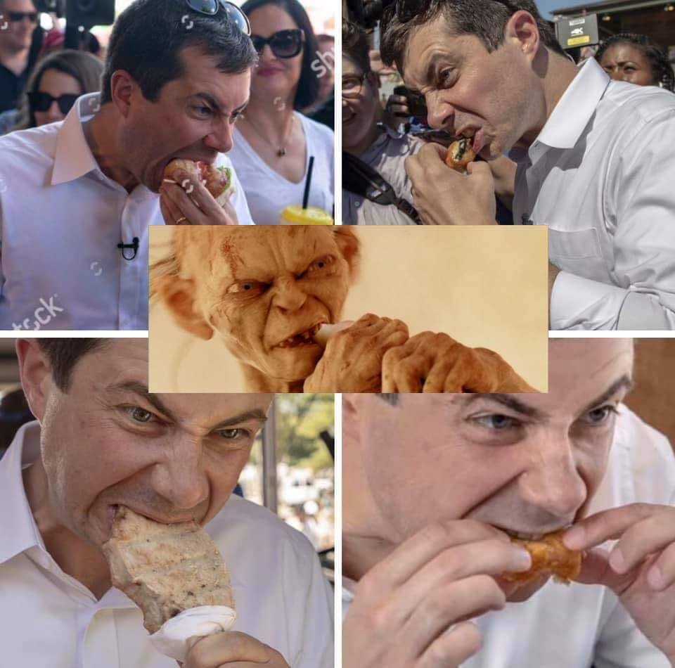 This meme is a photo of a politician, specifically former US Representative Beto O'Rourke, eating a slice of pizza with a horrified expression. The image is captioned "I'm not eating this, I'm just... reacquiring it for the government".
